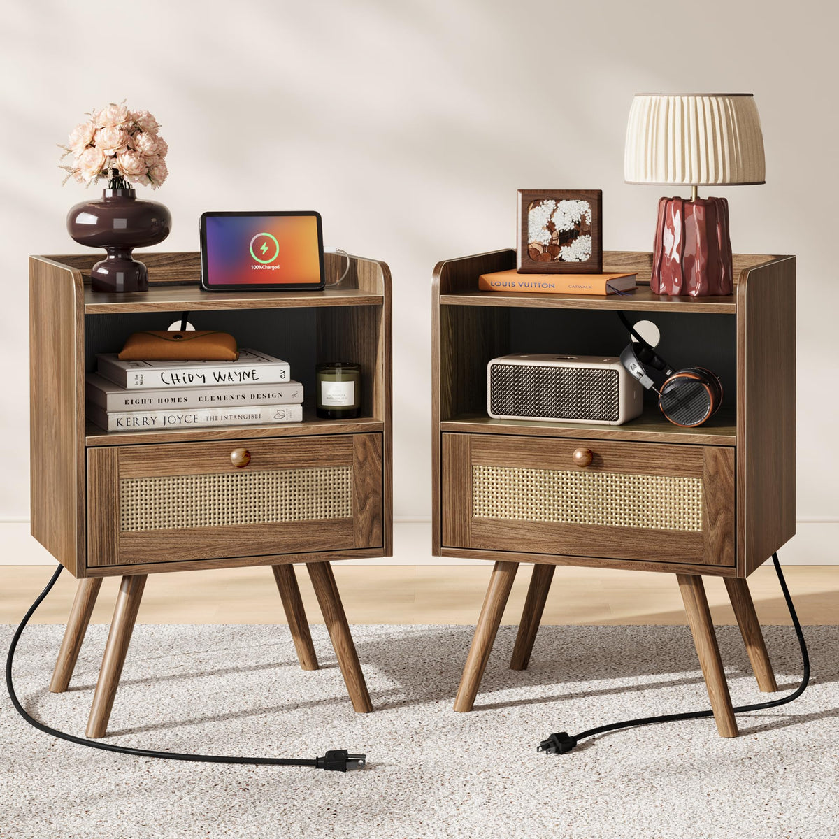 SUPERJARE Nightstands Set of 2, Night Stands with Charging Station