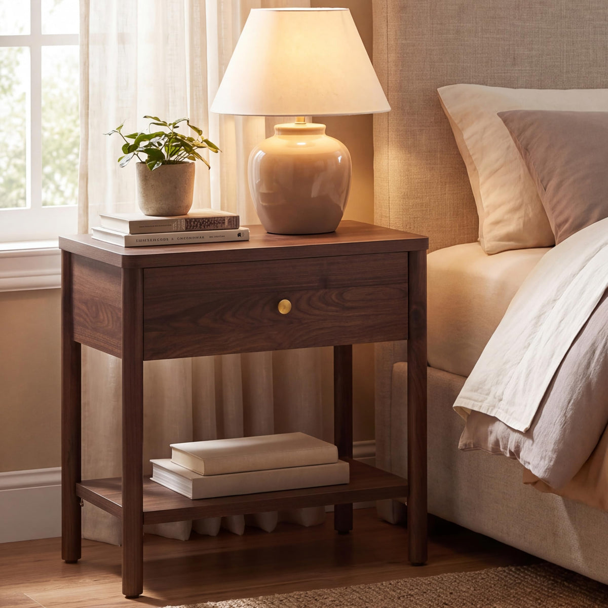 VividVibe End Table with Drawer, Brown Walnut Nightstands Set 2 Bedside Table Large Side Table Bedroom Solid Wood Legs, Mid Century Modern Accent Night Stand