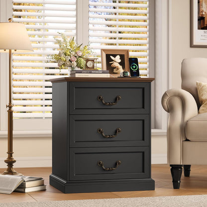 FINETONES Nightstands Set of 2 with Charging Station, 3 Drawer Night Stand
