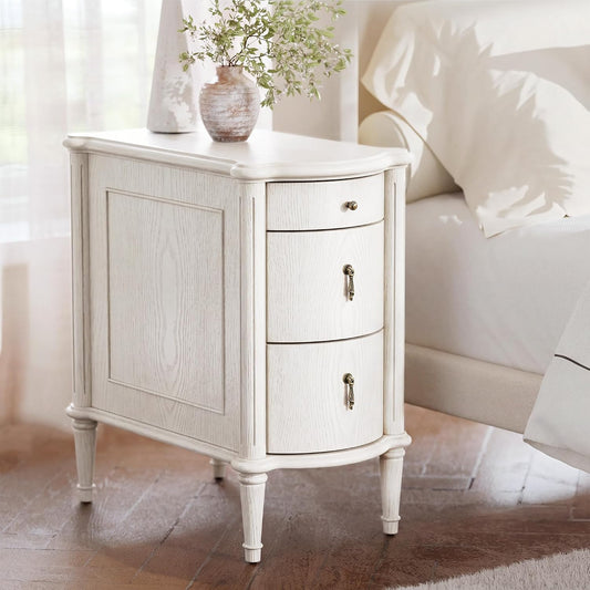 STO'SENSE Nightstand w/Charging Station & 3 Drawers, Pre-Assembled, Vintage Side Table w/Antique-Finished Pulls, Rustic Wood Finish, Narrow End Table w/Turned Legs for Bedroom (1, Ivory White)
