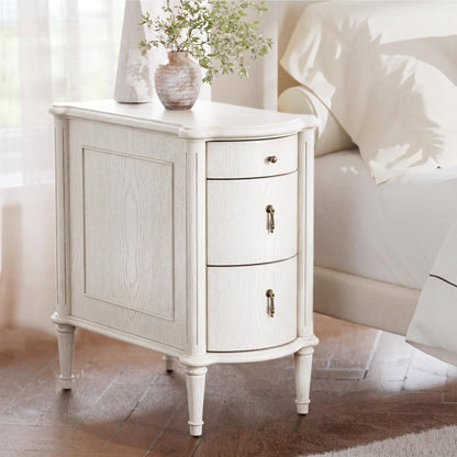 STO'SENSE Nightstand w/Charging Station & 3 Drawers, Pre-Assembled, Vintage Side Table w/Antique-Finished Pulls, Rustic Wood Finish, Narrow End Table w/Turned Legs for Bedroom (1, Ivory White)