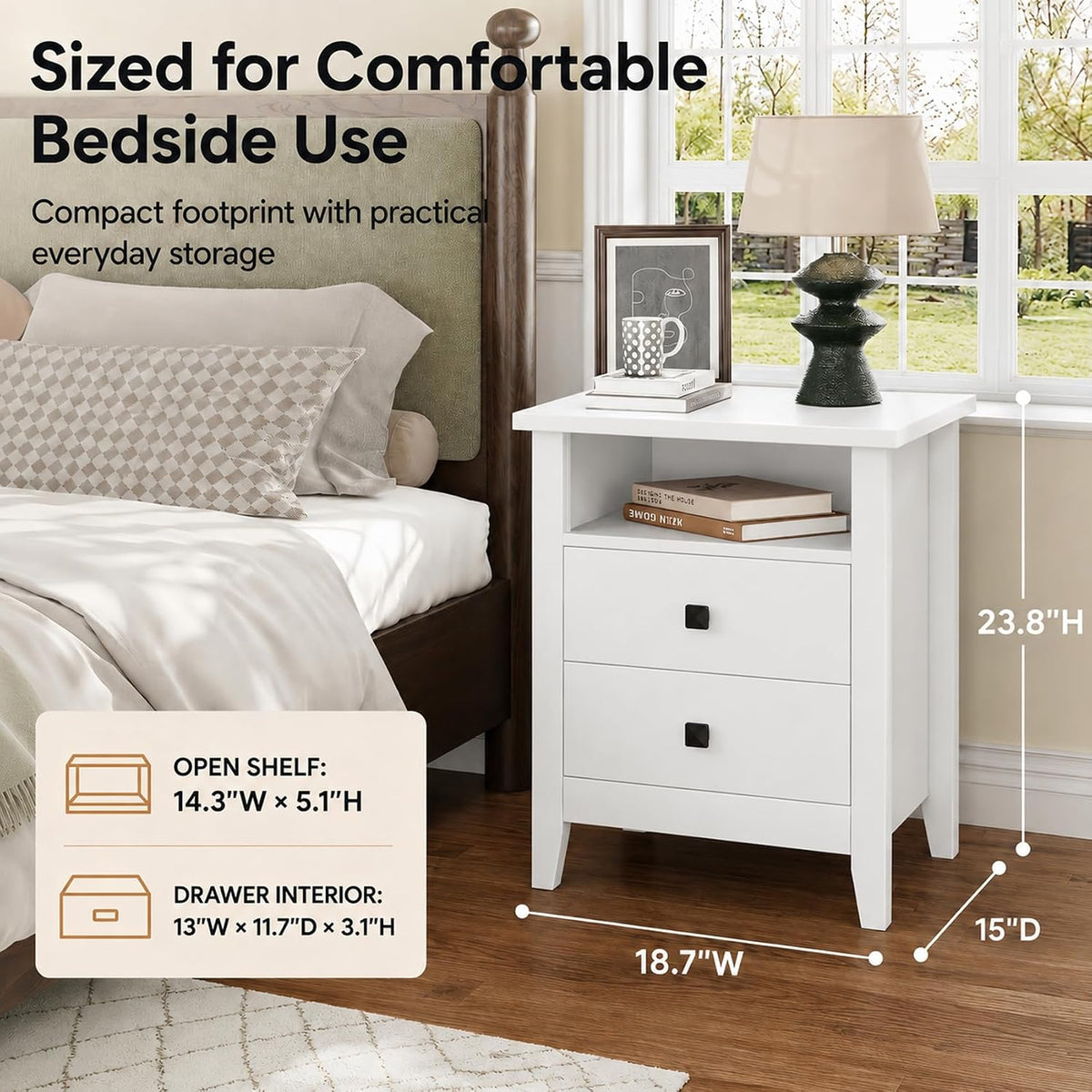 JSB Farmhouse Nightstand Set of 2 with 2 Drawers, Open Shelf for Bedroom
