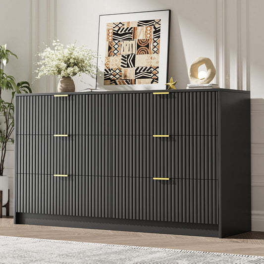 MAISONARIA 55" Wide Fluted 6-Drawer Double Dresser for Bedroom, Black
