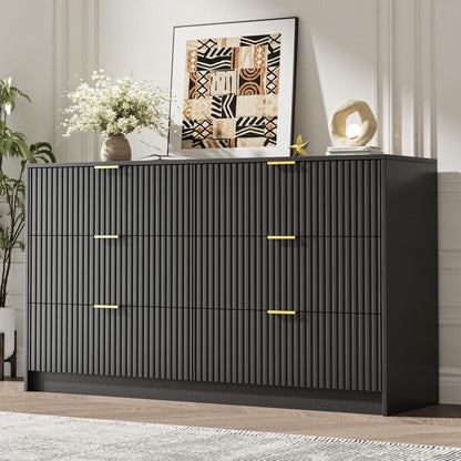 MAISONARIA 55" Wide Fluted 6-Drawer Double Dresser for Bedroom, Black