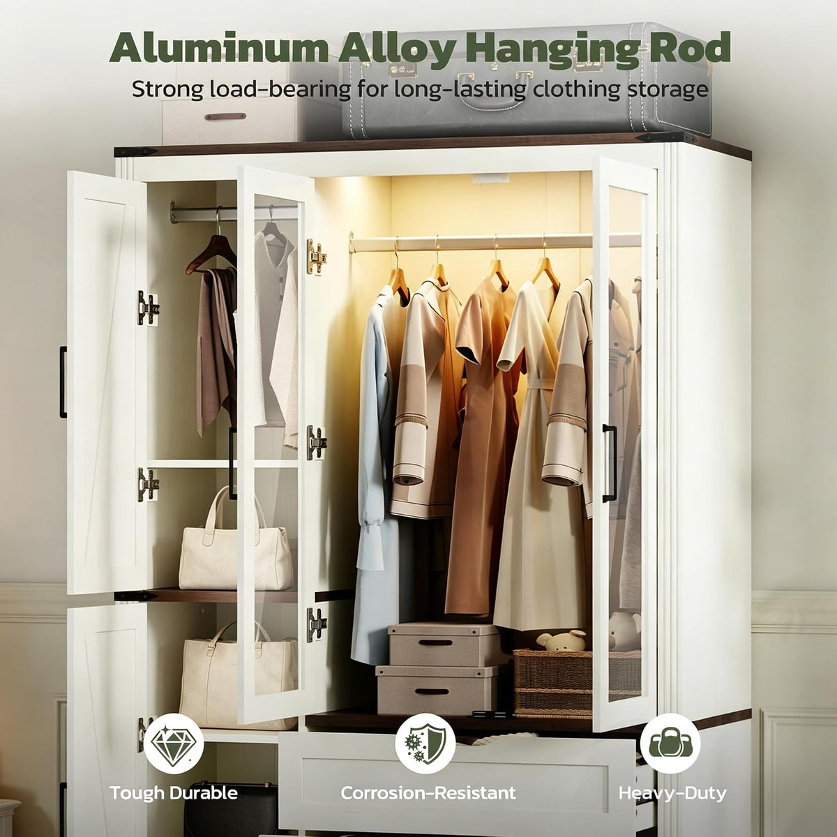 Concho 73'' Wood Farmhouse 4 Doors Armoire Wardrobe Closet with LED Light