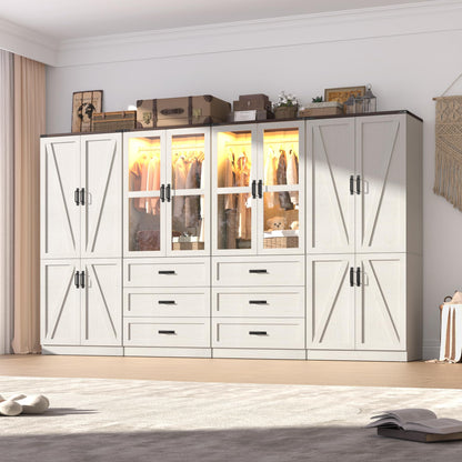 75" Tall Farmhouse 2 Doors Armoire Wardrobe Closet with 3 Drawers and LED,Freestanding Closet Wardrobe Cabinet for Bedroom with Hanging Rod,Wooden Armoire Storage Cabinet with Adjustable shelve(Black)