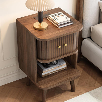 Decofy Fluted Nightstand Set of 2, Charging Station & Sliding Doors, Walnut