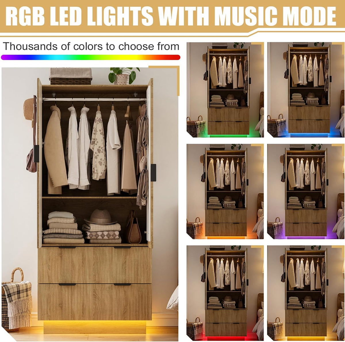 PAKASEPT Armoire Wardrobe Closet with 4 Doors, Pegboard and 2 Mirrors