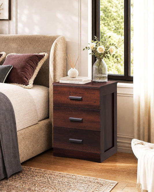 WLIVE Brown Nightstand with 3 Drawers, Wood Bedside Table with Large Top
