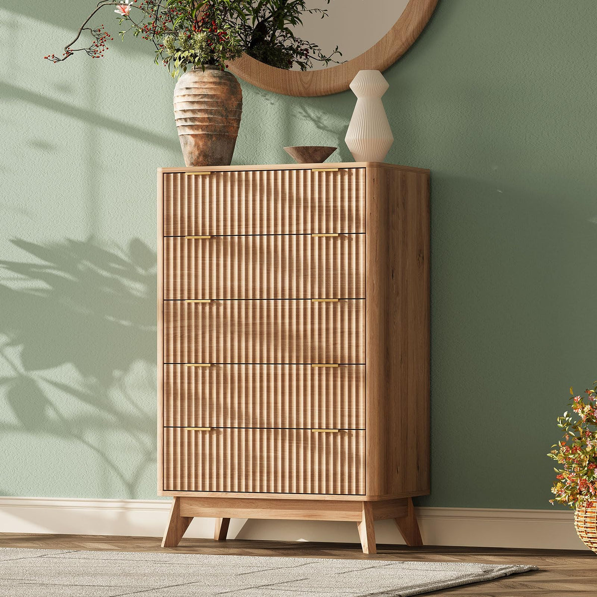 63" Wide Fluted 9 Drawers Dresser for Bedroom,Curved Edge,Oak