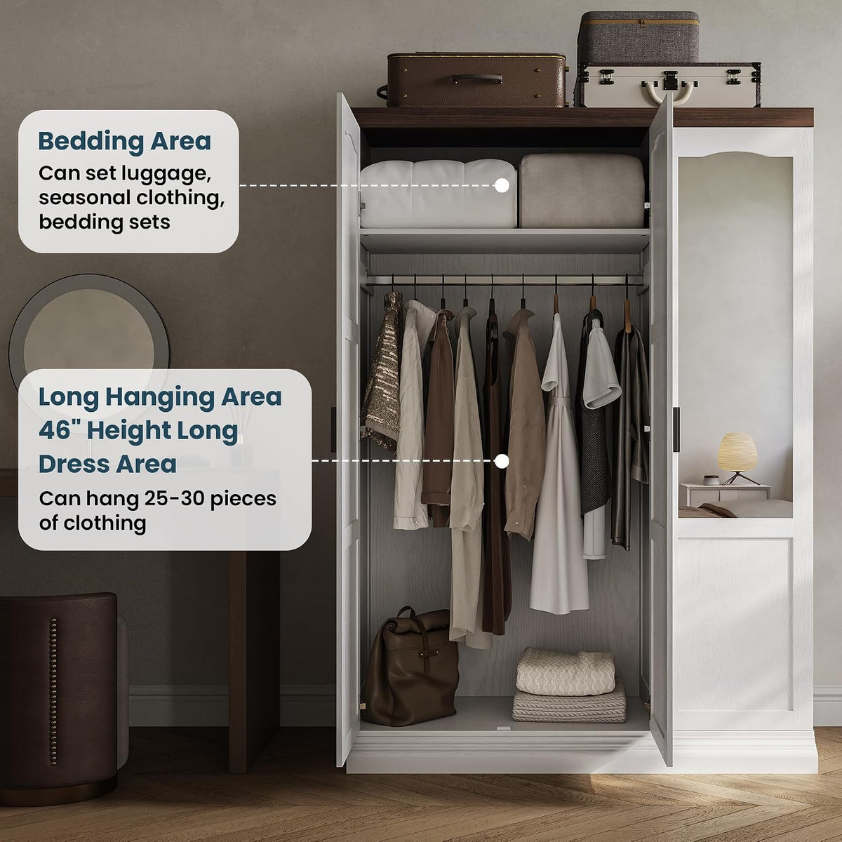 ANCTOR 3-Door Armoire Wardrobe Closet with Mirror and 2 Hanging Rods