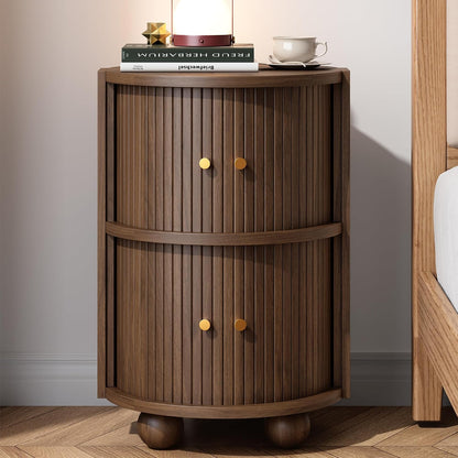 17.76''W Fluted Nightstand with 2 Sliding Doors, 2-Tier Storage, Walnut