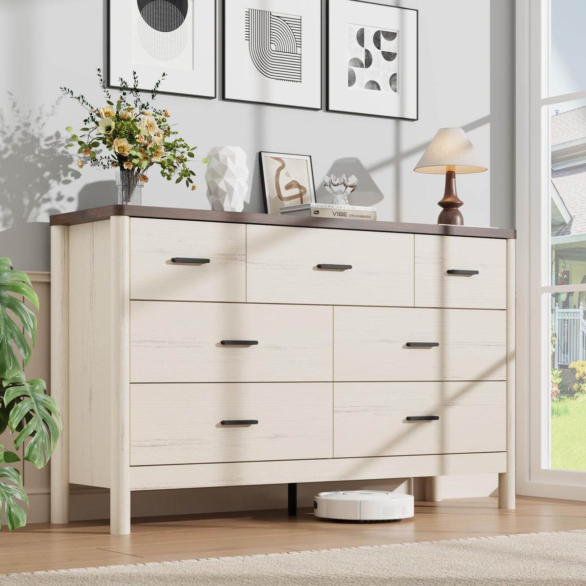Garvee 6 Drawer Dresser, Wooden Storage Chest of Drawers, White & Brown