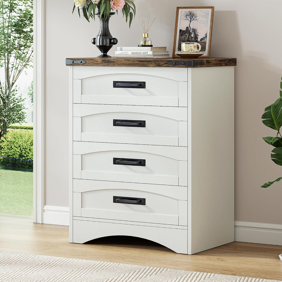 Decofy Farmhouse 4 Drawers Dresser for Bedroom, Walnut & White