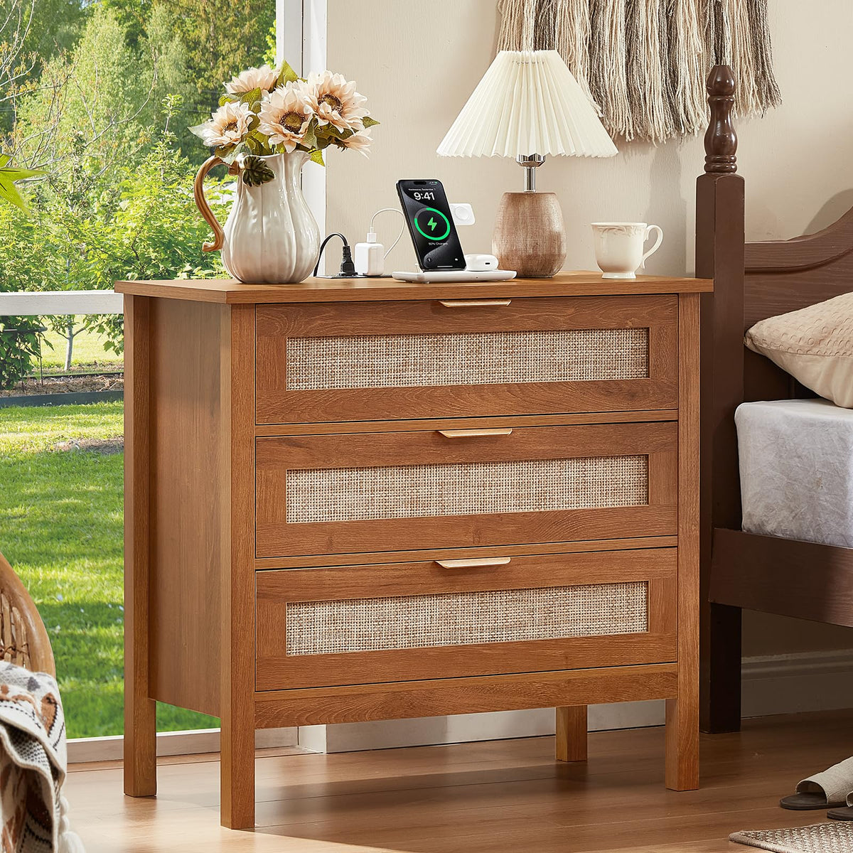 LEYAOYAO 26.8" Wide Rattan Nightstand, Large Boho 3 Drawer Night Stand