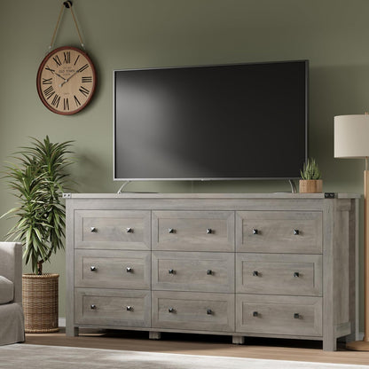 BORNOON 9-Drawer Dresser, Modern Wooden Storage Chest of Drawers, Dresser TV Stand, Wood Drawer Organizer with Metal Handles for Bedroom, Living Room, Hallway