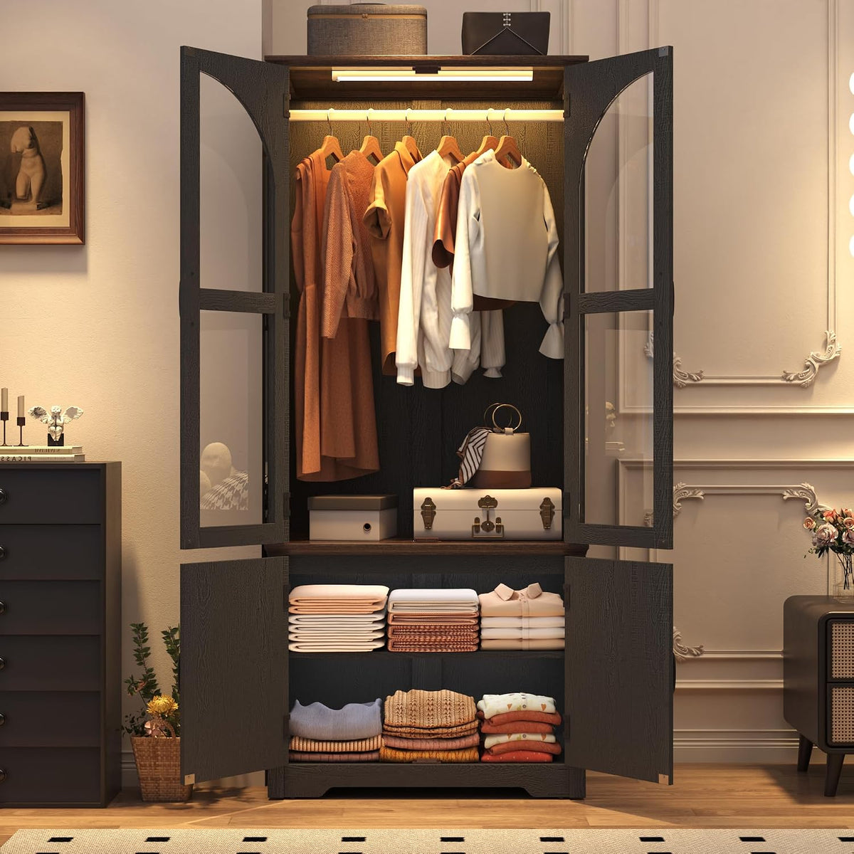 Tall Farmhouse 2 Doors Armoire Wardrobe Closet with LED ,72" Freestanding Arched Wardrobe Closet Cabinet for Bedroom w Glass Doors,Wooden Clothing Storage Cabinet,Closets for Bedroom(Black)