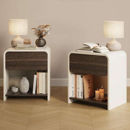 Modern Curved Nightstands Set of 2 with Open Shelf,Natural Oak