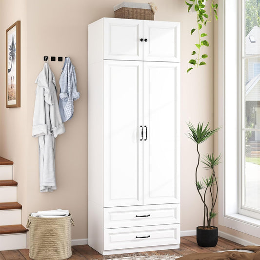 Armoire Wardrobe Closet with Drawers: 31.5" Large Wood Wardrobe Closet with 2 Doors and 2 Drawers, Modern Clothes Storage Cabinet for Bedroom Armoire with Shelves (White, 31.5")