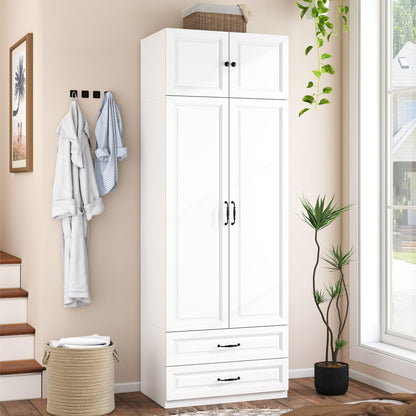 Armoire Wardrobe Closet with Drawers: 31.5" Large Wood Wardrobe Closet with 2 Doors and 2 Drawers, Modern Clothes Storage Cabinet for Bedroom Armoire with Shelves (White, 31.5")