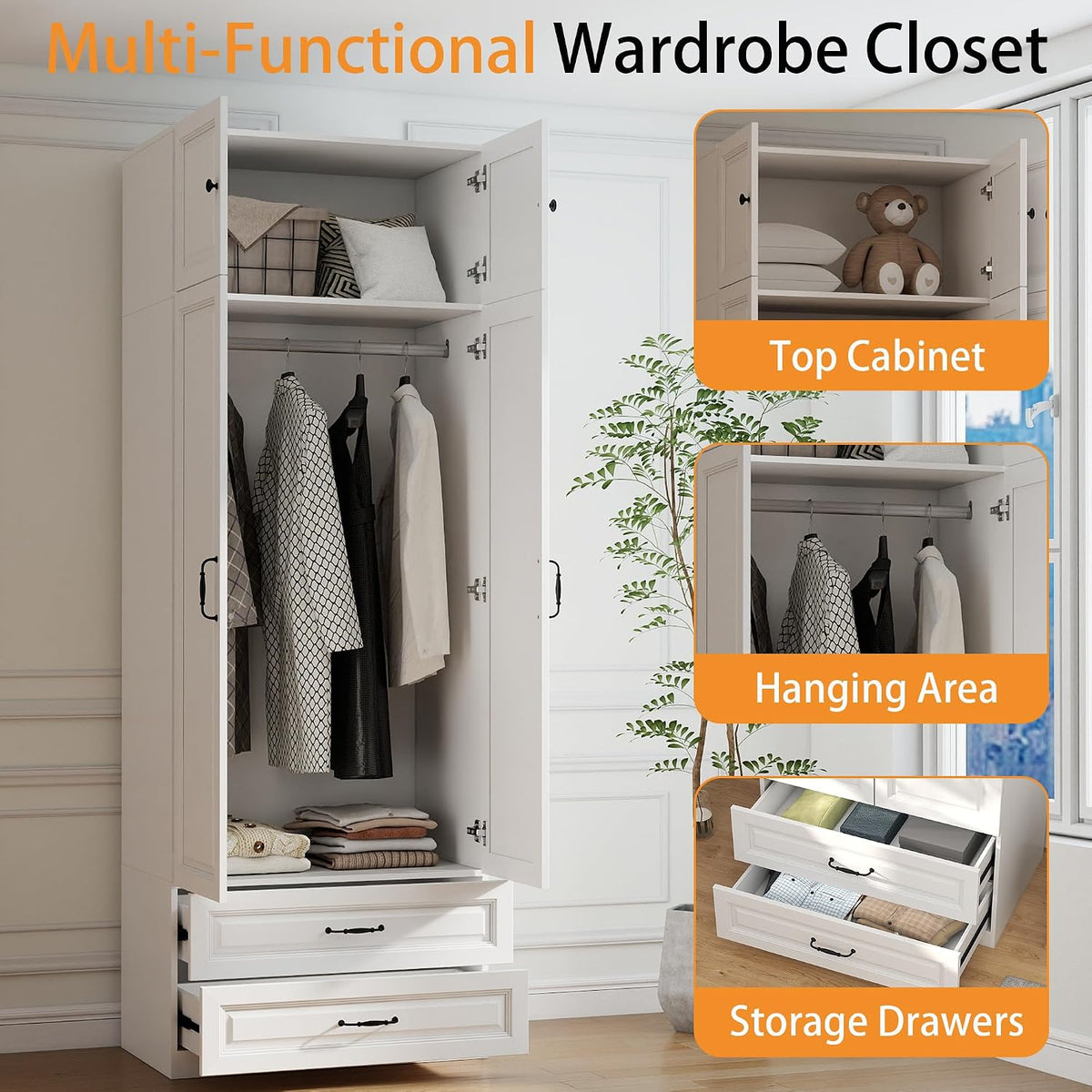 Armoire Wardrobe Closet with Drawers: 31.5" Large Wood Wardrobe Closet with 2 Doors and 2 Drawers, Modern Clothes Storage Cabinet for Bedroom Armoire with Shelves (White, 31.5")
