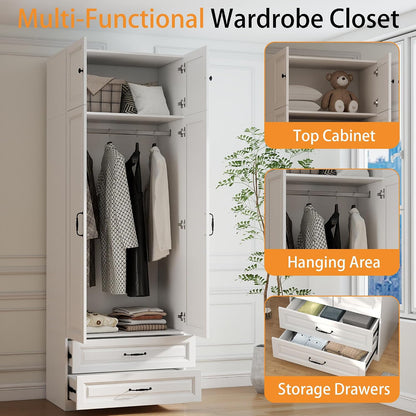 Armoire Wardrobe Closet with Drawers: 31.5" Large Wood Wardrobe Closet with 2 Doors and 2 Drawers, Modern Clothes Storage Cabinet for Bedroom Armoire with Shelves (White, 31.5")