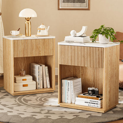 Modern Fluted Nightstand Set of 2 for Bedroom, Mid Century Bedside Table with Drawer & Open Shelf, Wood End Table, Farmhouse Night Stand for Home, Hallway, Office, Walnut