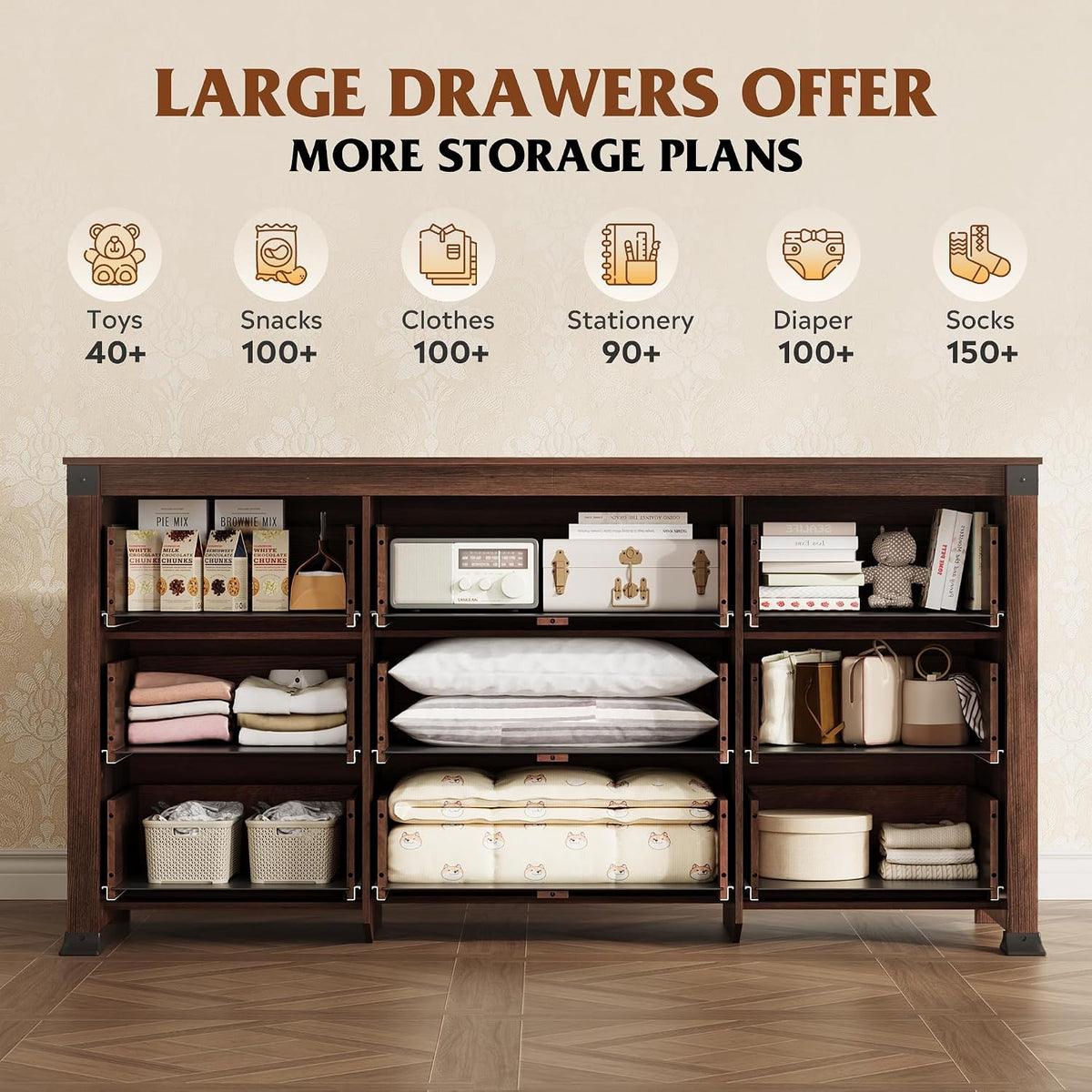 WLIVE Brown Dresser for Bedroom, 9 Drawer Wooden Chest of Drawers with SGS-Tested Anti-Tip Design, 62 Inch Wide Rustic Dresser TV Stand for Living Room, Hallway and Closet, Large Storage Cabinet