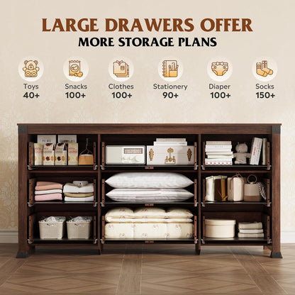 WLIVE Brown Dresser for Bedroom, 9 Drawer Wooden Chest of Drawers with SGS-Tested Anti-Tip Design, 62 Inch Wide Rustic Dresser TV Stand for Living Room, Hallway and Closet, Large Storage Cabinet
