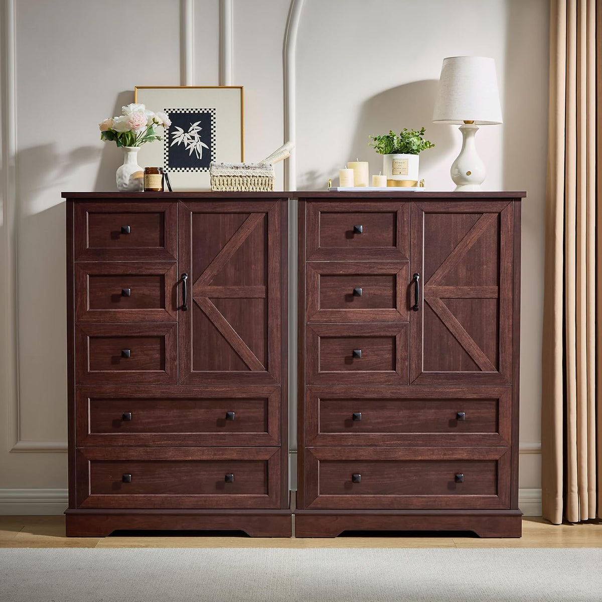 SOOWERY Farmhouse Dresser for Bedroom, Tall Chest of Drawers, Dark Cherry