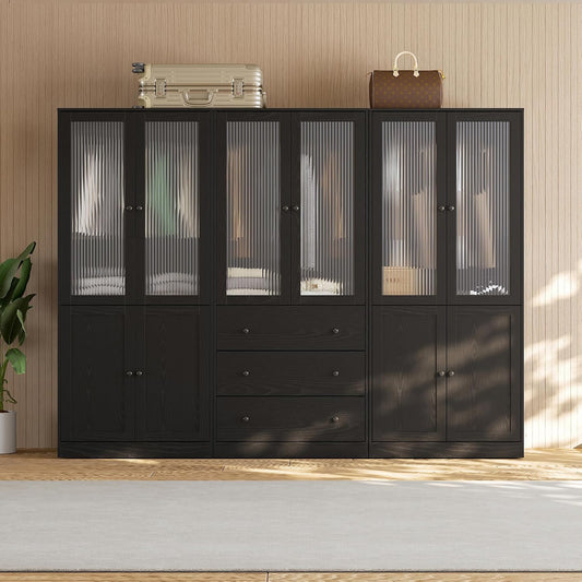 VOWNER 20“D Armoire Wardrobe Closet with Fluted Glass, 71" H Clothing Storage Cabinet with Hanging Rod, 4 Soft-Close Doors Wooden Wardrobe Cabinet for Bedroom, Large Capacity Storage Black(CCB)