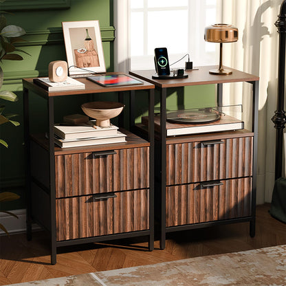 VINGLI Black Nightstands Set of 2 with Fabric Drawers, Fluted Nightstands with Charging Station, Night Stand Set of 2, Small Bedside Table, Bed Side Table/Night Stand with Charging Station for Bedroom