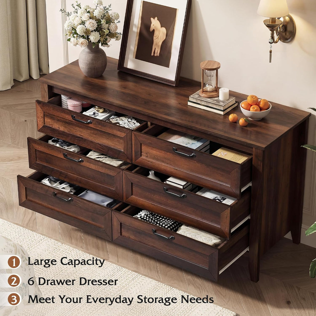 WLIVE 54" Dresser for Bedroom, Wooden 6 Drawer Dresser with Unique Anti-Tip Structure, Modern Chest of Drawers with Metal Handles for Living Room, Hallway, Closet, Home Furniture, Rustic Brown