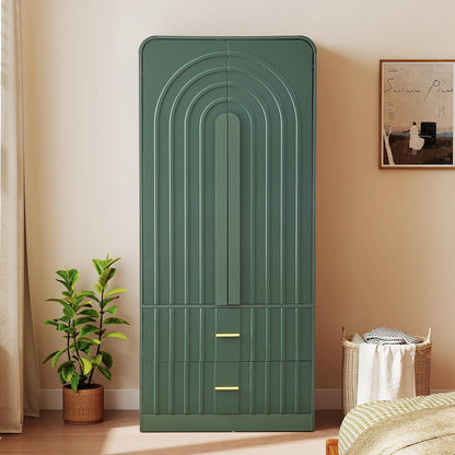 ORRD Freestanding Armoire Wardrobe Closet with Arched Fluted 2 Doors and 2 Storage Drawers, Large Capacity Wardrobe Cabinet Bedroom Organizer for Clothes, Blankets and Accessories, Green