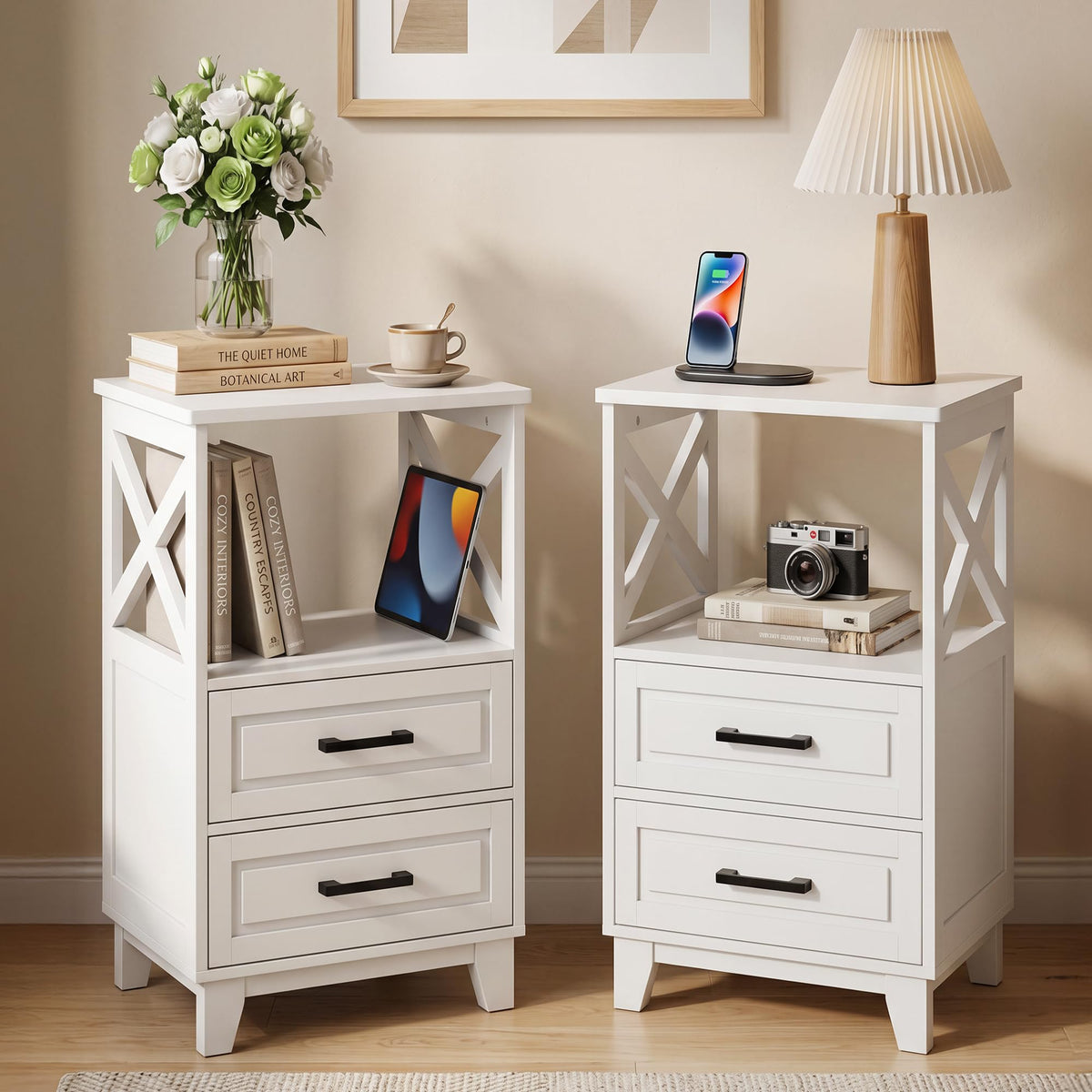 RoyalCraft 30" Tall Nightstand, Modern Painted Bedside Table with 2 Drawers and Open Shelf, Wood Side Table for Bedroom, Home Office, Black-Open Shelf Below, Set of 2