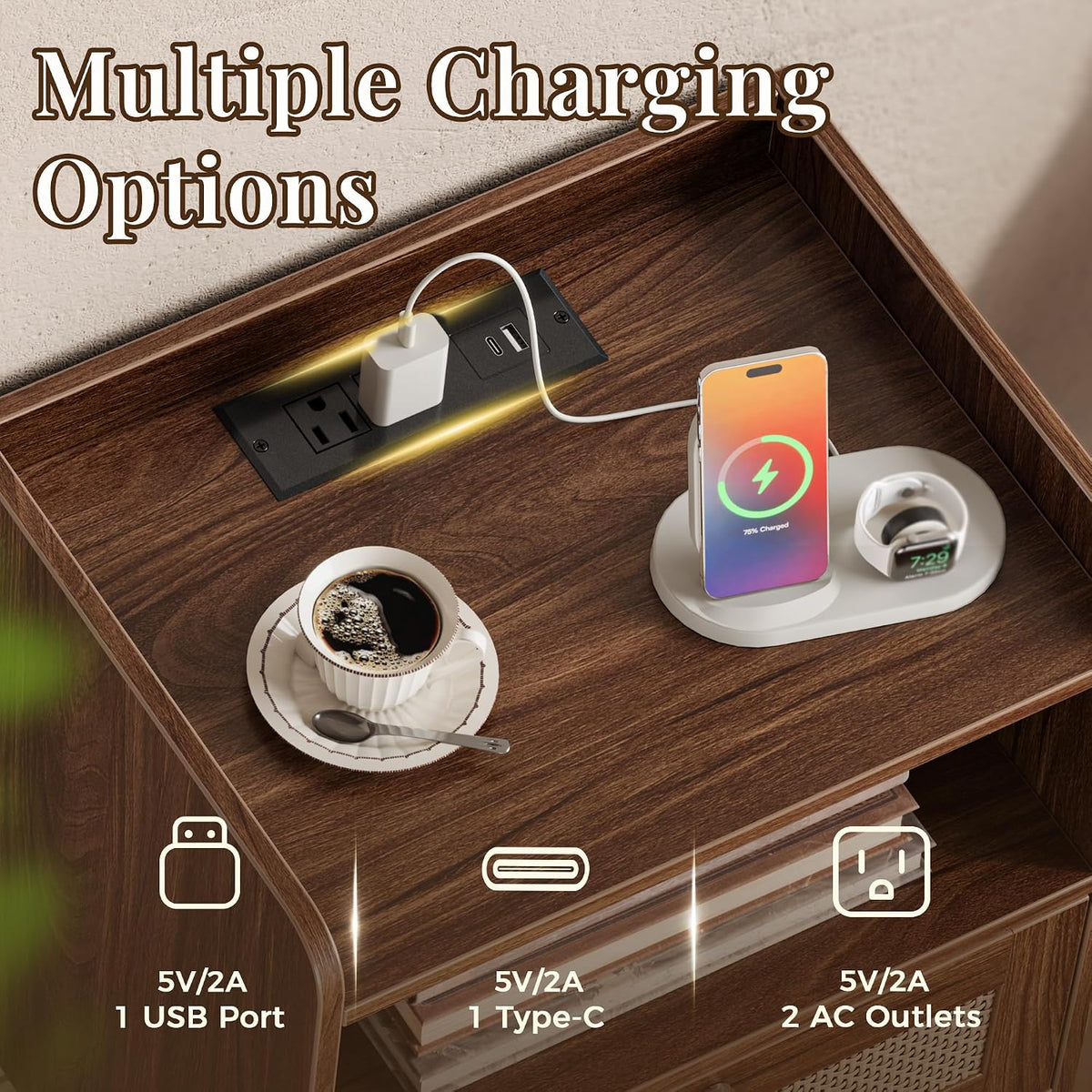 SUPERJARE Nightstands Set of 2, Night Stands with Charging Station