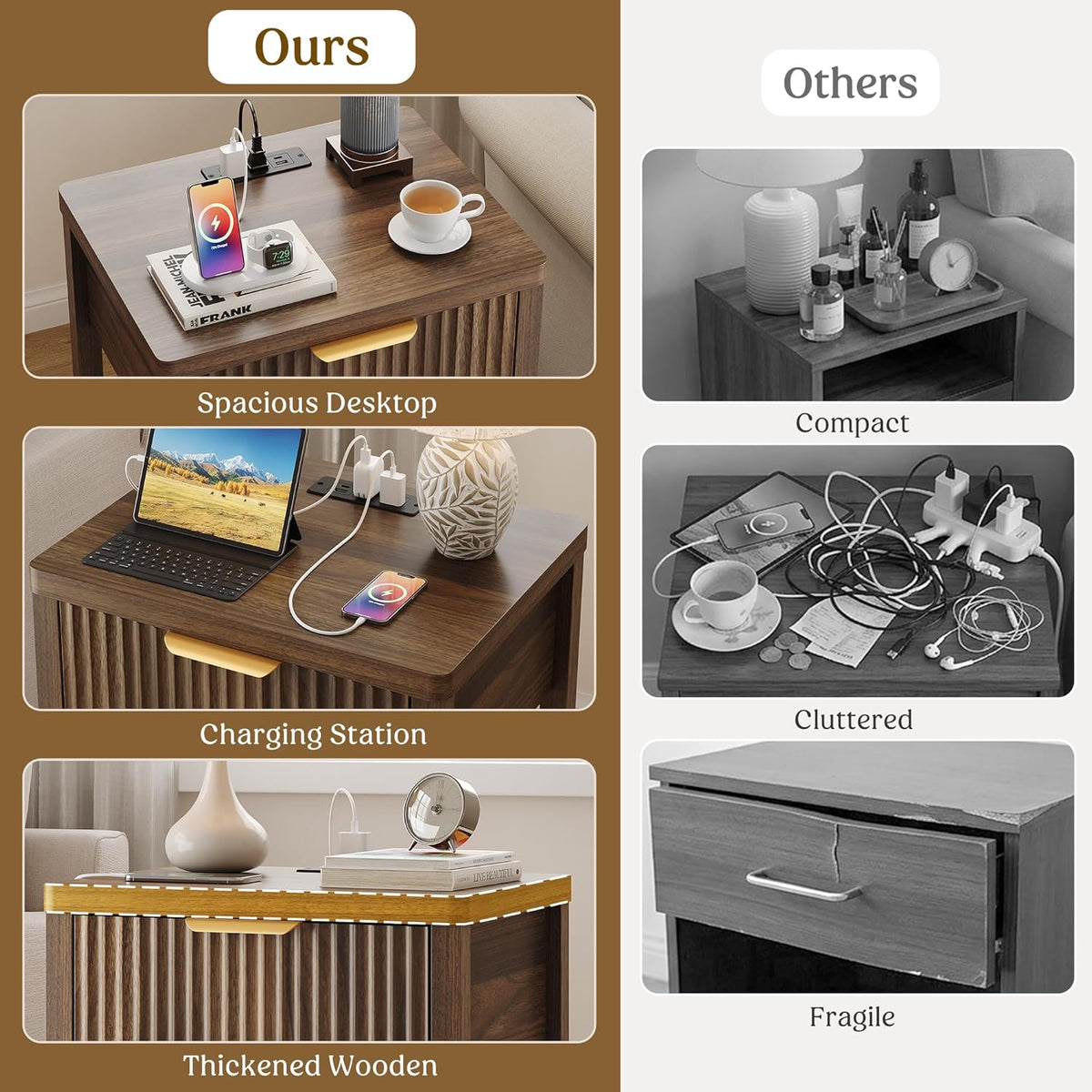 Night Stand Set 2, Fluted Wood Nightstands w/Charging Station for Bedroom