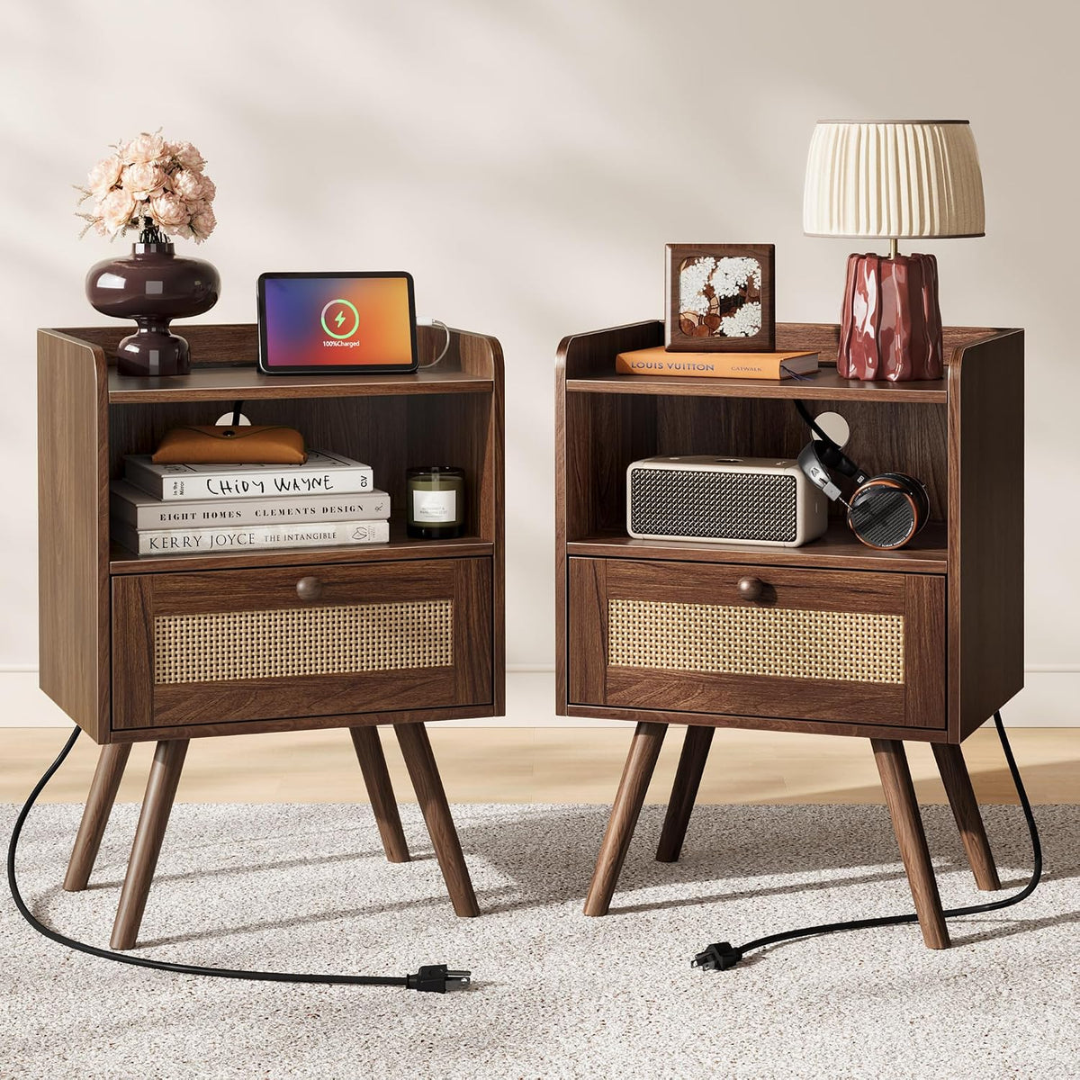 SUPERJARE Nightstands Set of 2, Night Stands with Charging Station