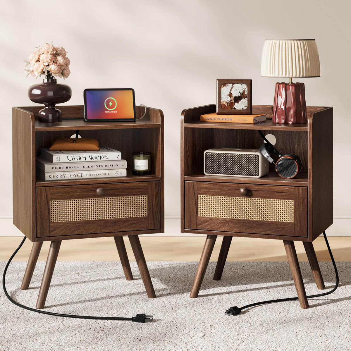 SUPERJARE Nightstands Set of 2, Night Stands with Charging Station