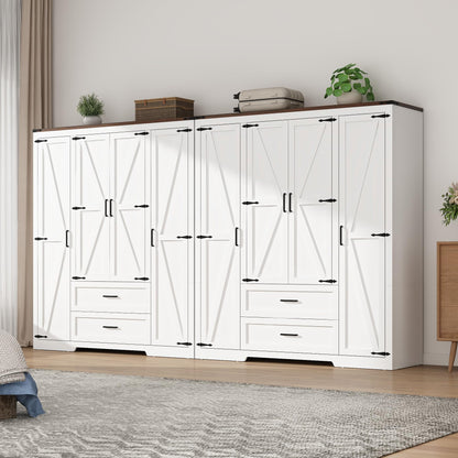 Hlivelood 4 Doors Wardrobe Armoire Closet with Doors and Drawers, Farmhouse Wooden Armoire Storage Cabinet with Shelves & Hanging Rod for Bedroom, Grey