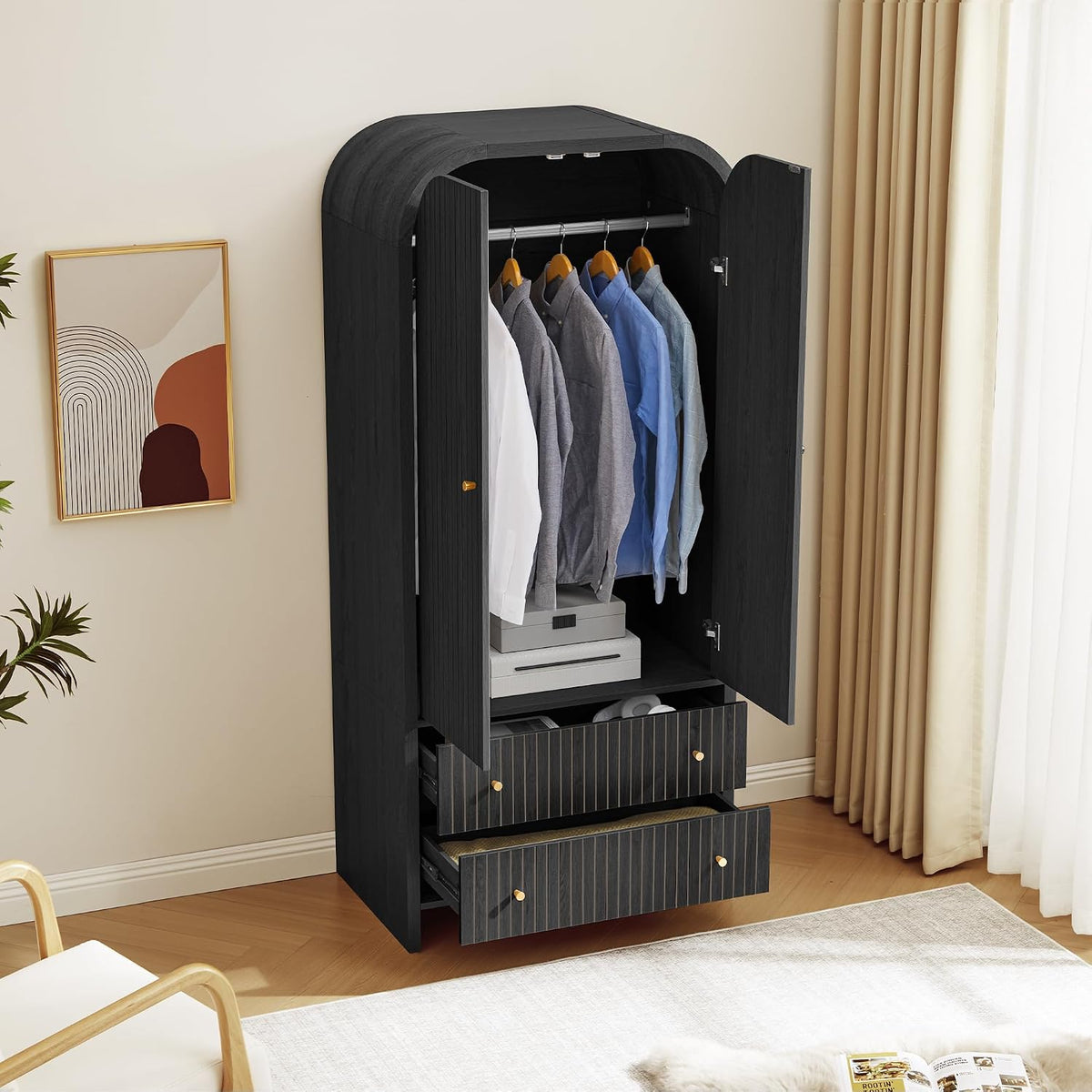 LEVNARY Arched Armoire Wardrobe Closet, Mid-Century Modern 2-Door Freestanding Wardrobe with Hanging Rod and 2 Drawers, Fluted Carved Clothing Storage Cabinet for Bedroom (Black)
