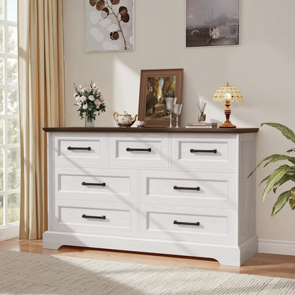 YESHOMY Dresser for Bedroom, Farmhouse 7 Drawers Dressers, White and Brown