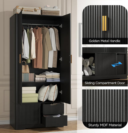 Vabches 71” Tall Armoire Wardrobe Closet with 2 Drawers and Shelves, Large Wooden Wardrobe Cabinet with Hanging Rod, Sliding Cabinet, Modern Fluted Clothing Storage Cabinet for Bedroom, Black
