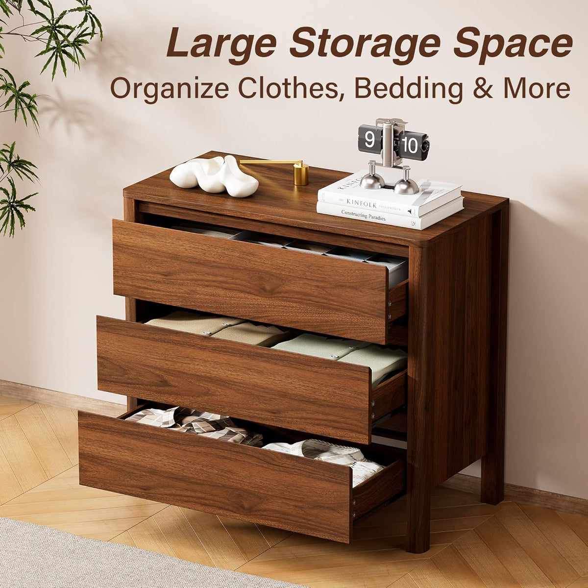 Furniway 31.5" Wide 3 Drawer Wood Dresser for Bedroom with Legs, Walnut