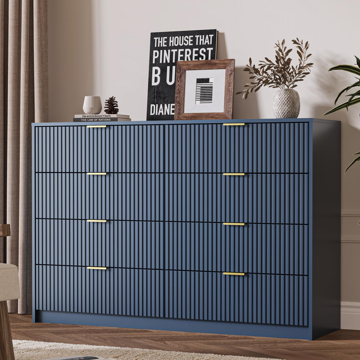 MAISONARIA 55" Wide Fluted 6-Drawer Double Dresser for Bedroom, Black
