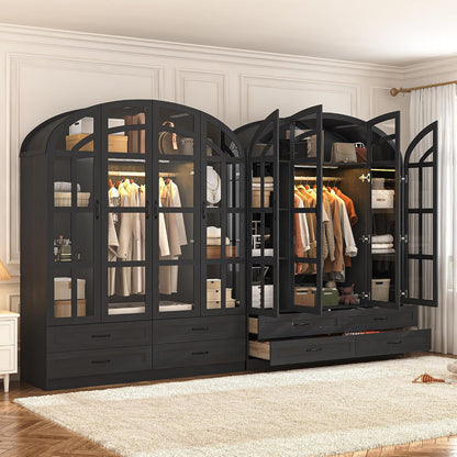Squireewo 75" Arched Armoire Wardrobe Closet with Motion Sensor LED Light, 4 Windowpane Glass Doors and 4 Drawers, Large Wood Bedroom Storage Cabinet, Clothing Organizer with Anti-Tip Kit, Black