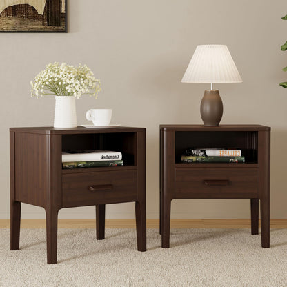 Merax Bamboo Nightstands Set of 2, Night Stands w/Drawer & Shelf, Brown