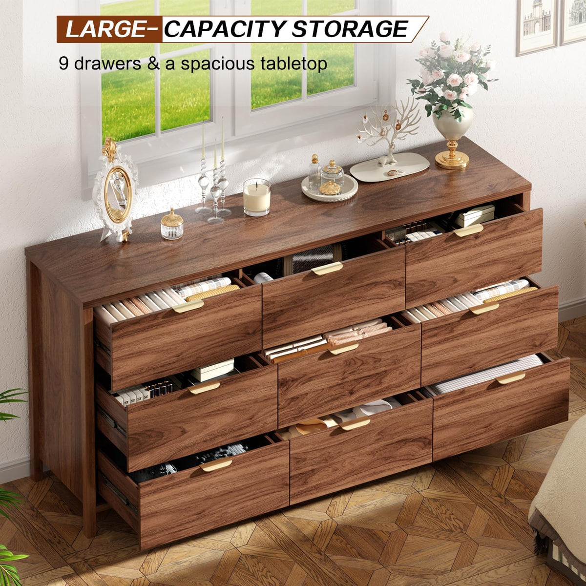Ieejdn Dresser for Bedroom with 9 Drawers, 63" Modern Chest of Drawers, Dresser TV Stand, Wood Drawer Organizer for Living Room, Hallway, Tan
