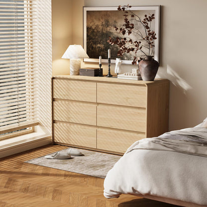 6 Drawer Dresser for Bedroom, Curved Edge Design Modern Dressers & Chest of Drawers, 47" Wide Dresser Natural Oak