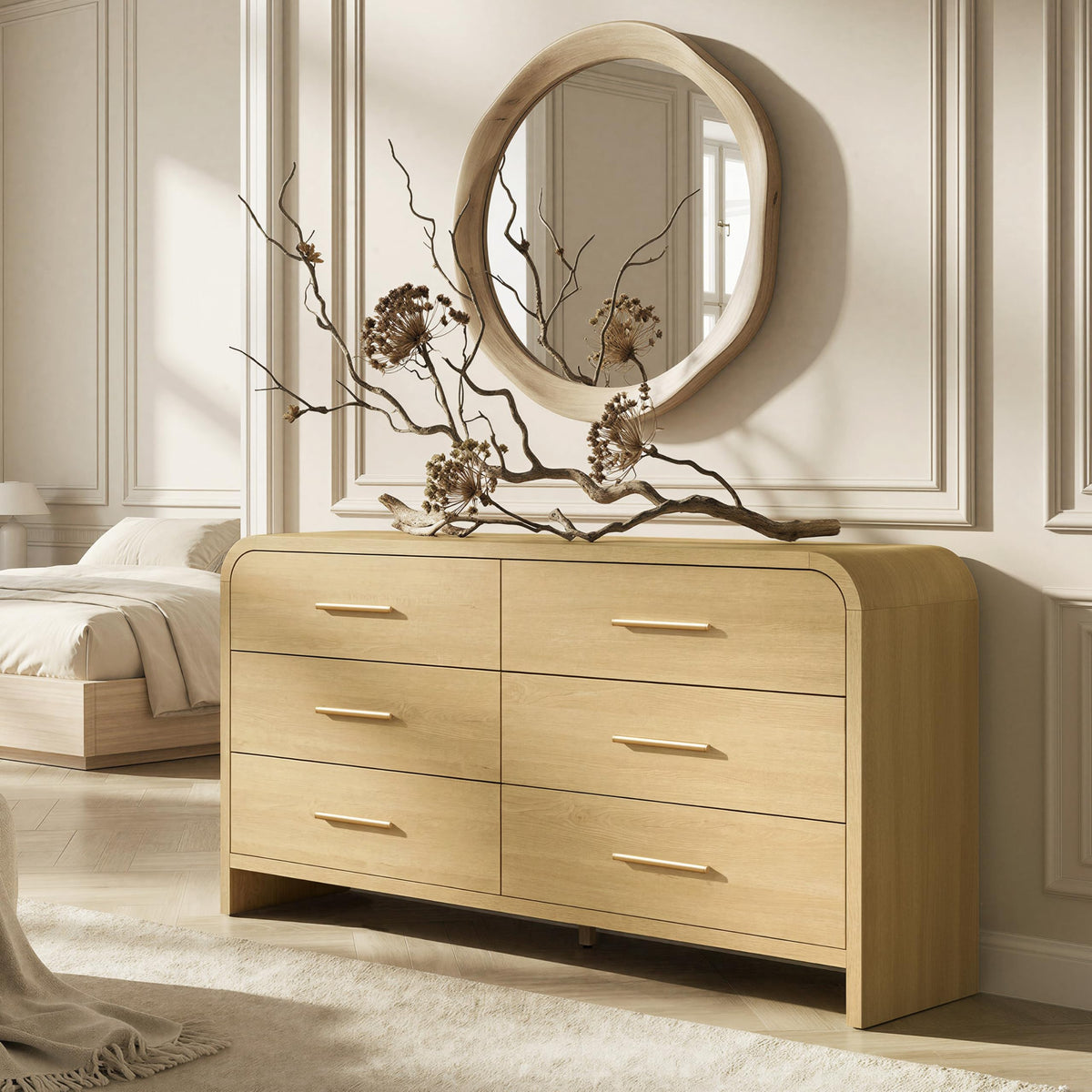Curved 9-Drawer Dresser for Bedroom, 63" Wide Modern Chest of Drawers, Vanity Desk TV Stand for Living Room, Closet Storage Drawers Organizer Furniture, Nursery, Hallway, Gray Oak